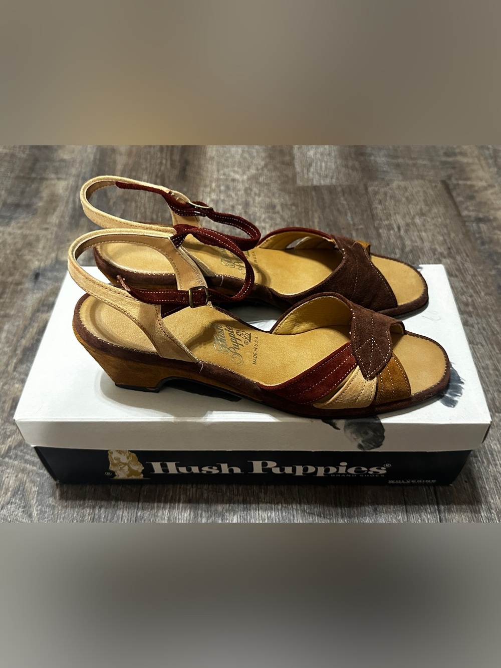 Vintage Hush Puppies Willow Brown Leather Wedge Heeled Sandals 7N With Box